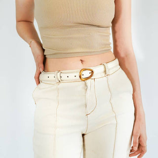 Beige Leather Belt w/ Asymmetric Buckle