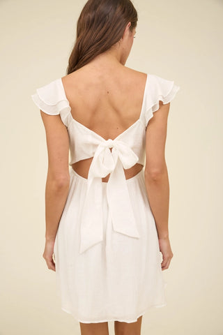 White Ruffle Sleeve Tie Back Mini Dress