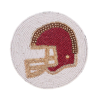 White Circular Seed Beaded Football Helmet Coaster