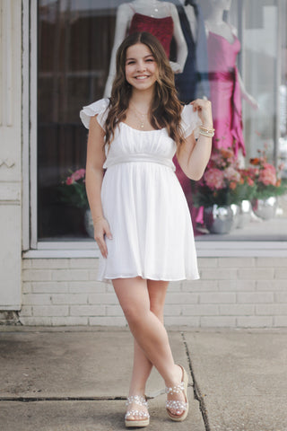 White Ruffle Sleeve Tie Back Mini Dress