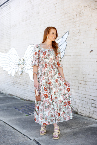 Cream/Brick Floral Midi Dress