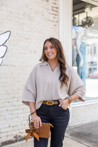 Taupe 3/4 Sleeve Collared Top