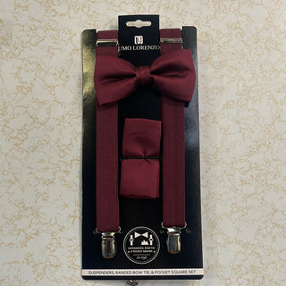 Men's Clip-On Suspenders, Bow Tie, & Pocket Square Set - Burgundy