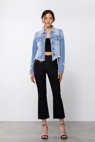 *FINAL SALE* Hidden Denim Lightwash Distressed Fitted Denim Jacket