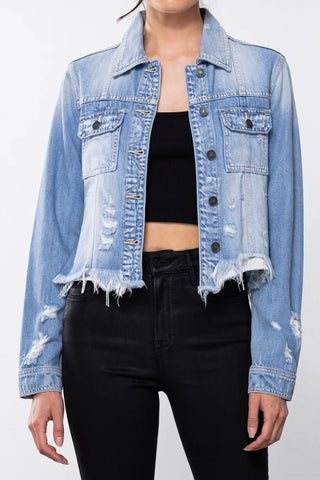 *FINAL SALE* Hidden Denim Lightwash Distressed Fitted Denim Jacket