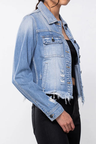 *FINAL SALE* Hidden Denim Lightwash Distressed Fitted Denim Jacket