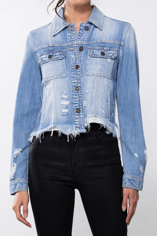 *FINAL SALE* Hidden Denim Lightwash Distressed Fitted Denim Jacket