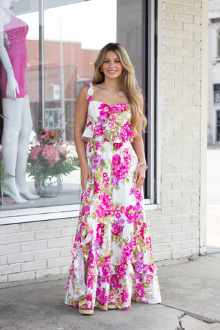 Cream/Pink Floral Ruffle Slit Maxi Dress
