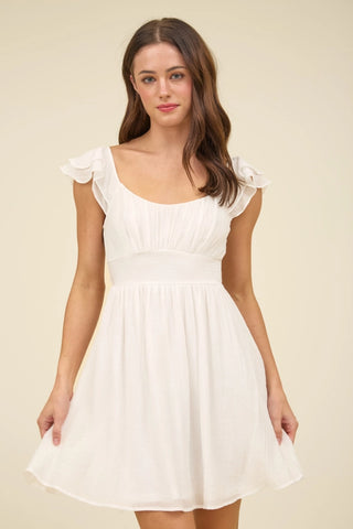White Ruffle Sleeve Tie Back Mini Dress