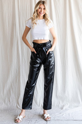 Black Faux Leather Belted Waist Pants
