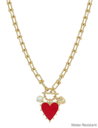 Gold Chain Necklace with Red Studded Heart Charm 16"-18" Necklace
