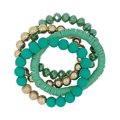 Green Rubber, Crystal, and Gold Set of 4 Stretch Bracelets