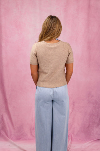 Wheat Textured Short Sleeve Crew Neck Sweater