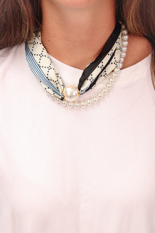 Blue/Cream Layered 10mm Pearl Scarf Necklace