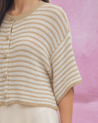 Taupe Striped Button Up Short Sleeve Sweater Top