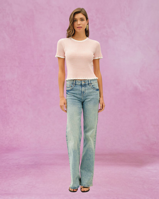 Off White/Coral Ribbed Fitted Top