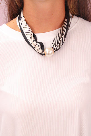 White/Black Striped Polka Dot Layered 10mm Pearl Scarf Necklace