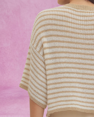 Taupe Striped Button Up Short Sleeve Sweater Top