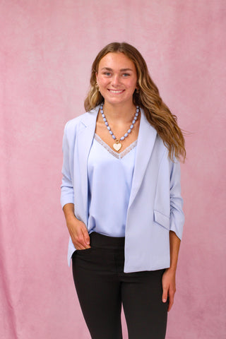 Powder Blue Shirred Sleeve Blazer