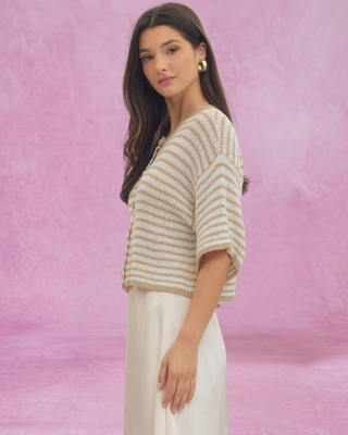 Taupe Striped Button Up Short Sleeve Sweater Top