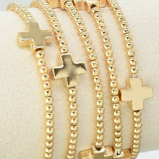 Gold Set of 5 Cross Charm Beaded Bracelets