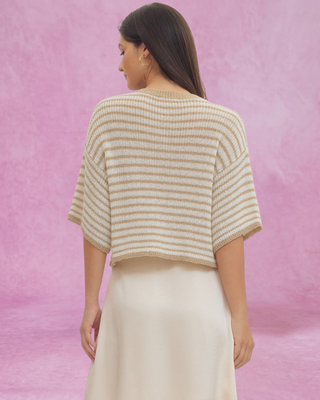 Taupe Striped Button Up Short Sleeve Sweater Top