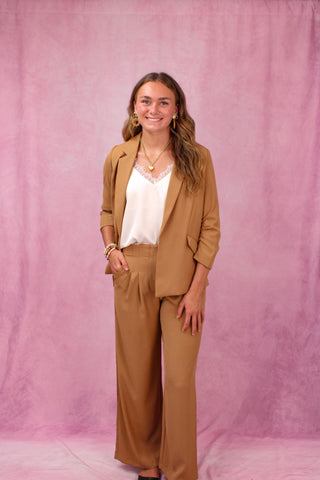 Camel Wide Leg Pleat Front Pants