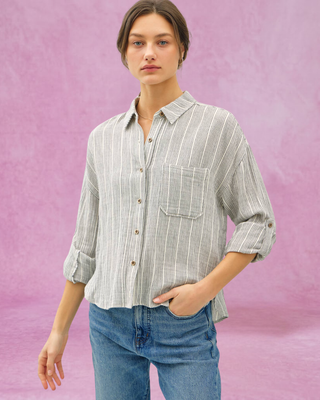 Off White/Black Striped Button Up Top