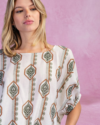 Olive Geometric Floral Printed Elastic Cuff Blouse
