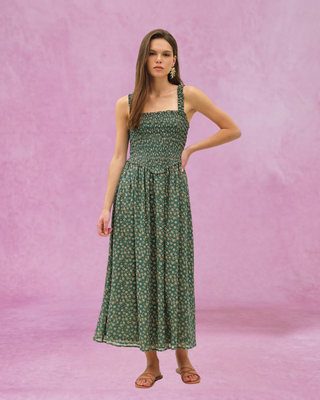 Green Floral Print Midi Dress