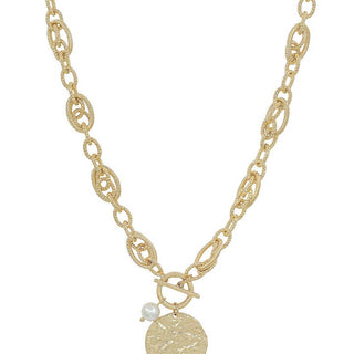 Water Resistant Gold Chain with Hammered Coin and Pearl 16"-18" Necklace