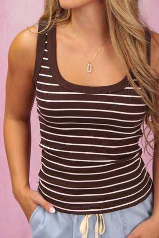 Z Supply Rowe Striped Scoop Neck Tank - Dark Chocolate