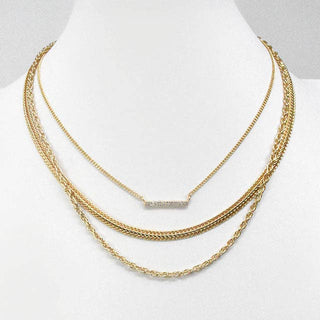 Triple Layered Chain/Rhinestone Bar Necklace