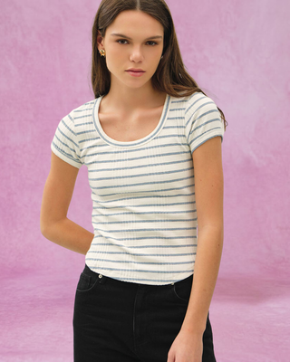 Off White/Blue Striped Short Sleeve Top