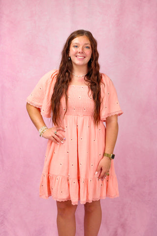Coral Babydoll Embroidered Flower Dress