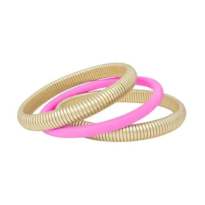 Matte Gold Ribbed Textured & Pink Rubber Coated Bracelets