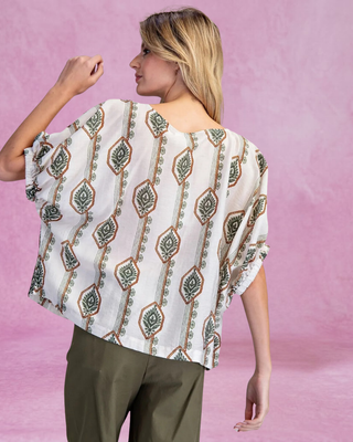 Olive Geometric Floral Printed Elastic Cuff Blouse