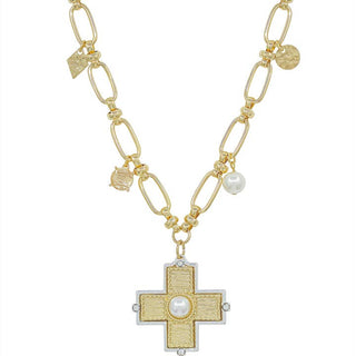 Gold Open Chain with Textured Cross/Pearl Charm 16"-18" Necklace