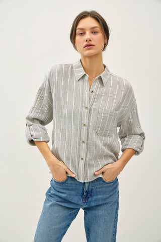 Off White/Black Striped Button Up Top