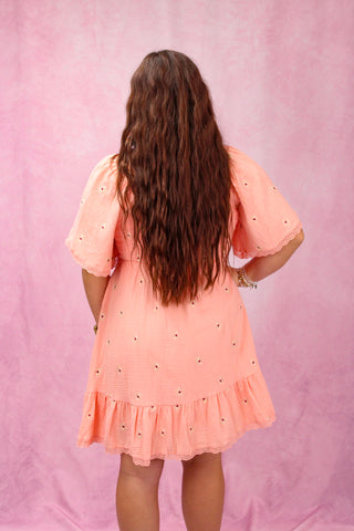 Coral Babydoll Embroidered Flower Dress