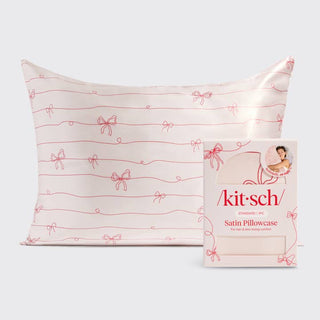 Kitsch Holiday Satin Pillowcase in Striped Bows