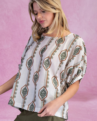 Olive Geometric Floral Printed Elastic Cuff Blouse