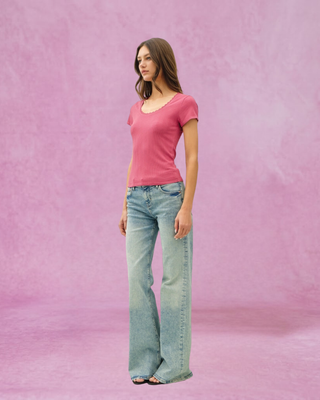 Pink Lace Trim Scoop Neck Tee