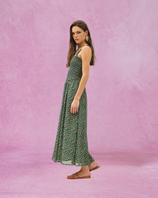 Green Floral Print Midi Dress