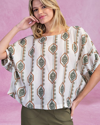 Olive Geometric Floral Printed Elastic Cuff Blouse