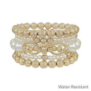 Set of 5 Gold/Pearl Stretch Bracelets