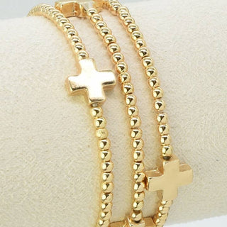 Set of 3 Gold Cross Charm Beaded Bracelets
