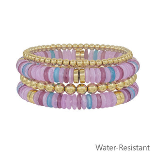 Water Resistant Lavender Multi and Gold Beaded Set of 4 Stretch Bracelets