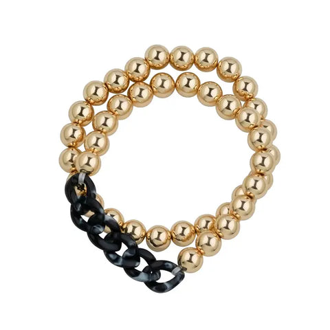 Black Acrylic Chain/Gold Beaded Stretch Bracelet