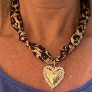 Leopard Print Scarf Necklace w/ Heart Charm